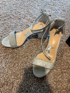 Annie Silver Rhinestone Block Heel Sandals